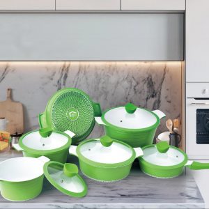 Die-Cast Green Striped Cookware Set